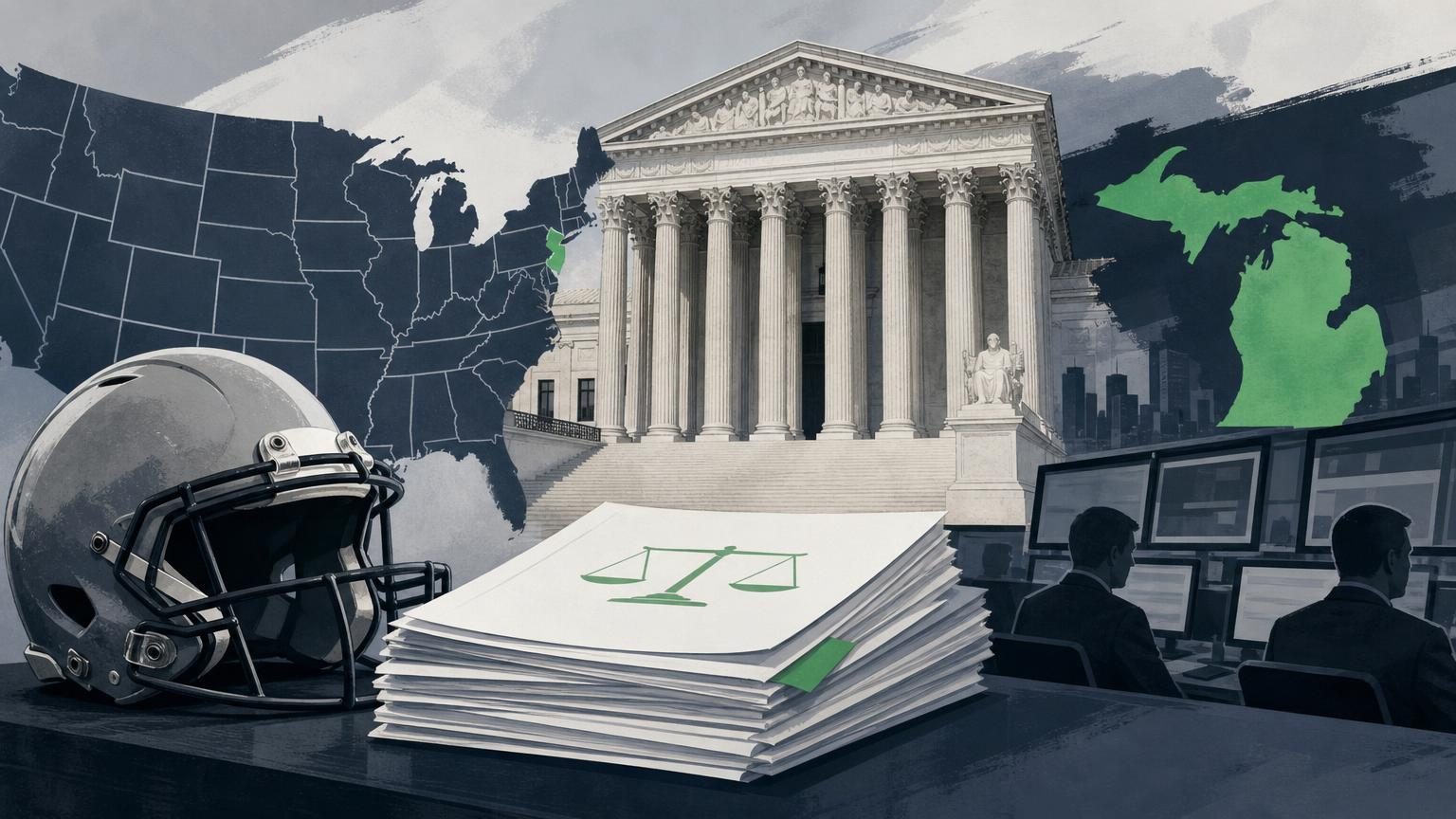 NFL shield logo alongside a gavel symbolising the Supreme Court prediction markets case