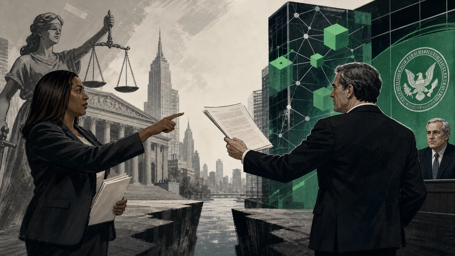 Polymarket logo displayed on a screen, representing the prediction market platform's New York legal dispute
