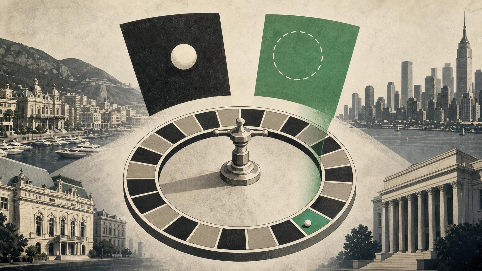 A roulette wheel showing numbered red, black and green pockets including the zero