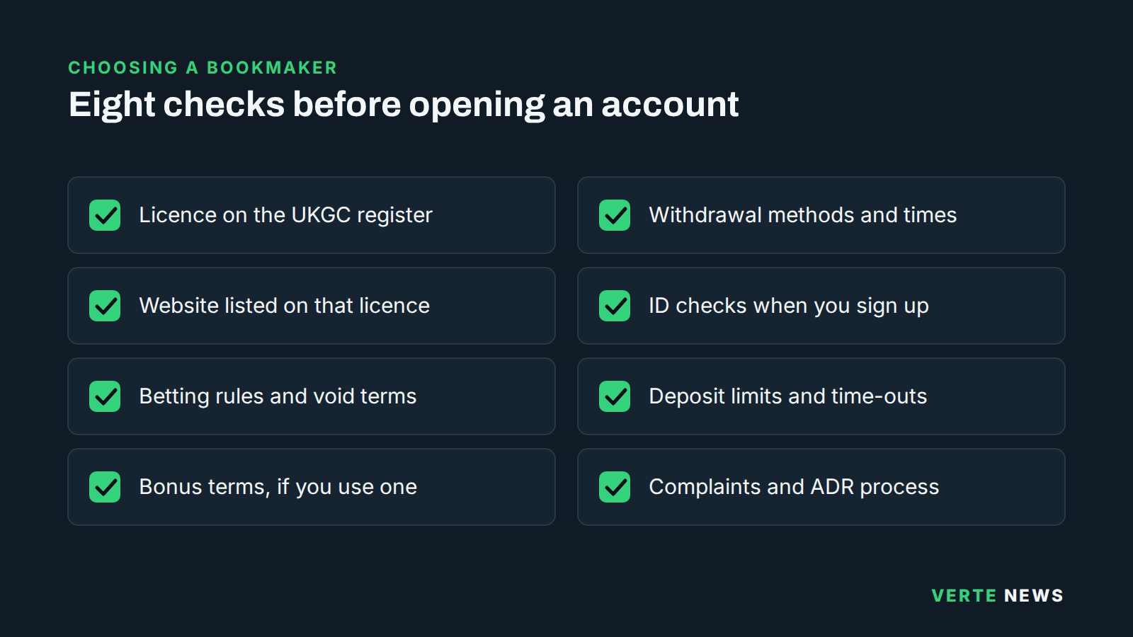 Checklist of eight things to check before choosing a bookmaker, from the licence on the Gambling Commission register to the complaints and ADR process.